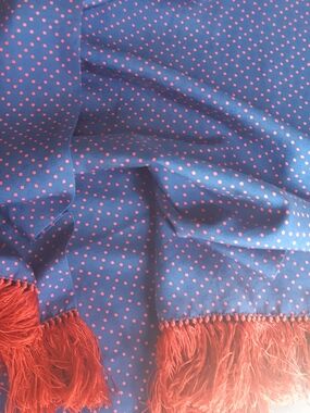 Hugh Parsons Blue & Red Polka Dot Vintage Silk Scarf with Red Fringe